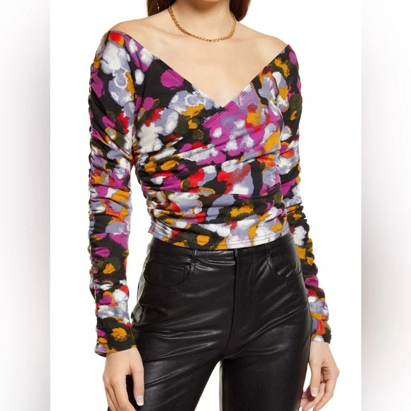 OPEN EDIT Off the Shoulder Ruched Top, Black Confetti, XS, NWT​ - Picture 1 of 11